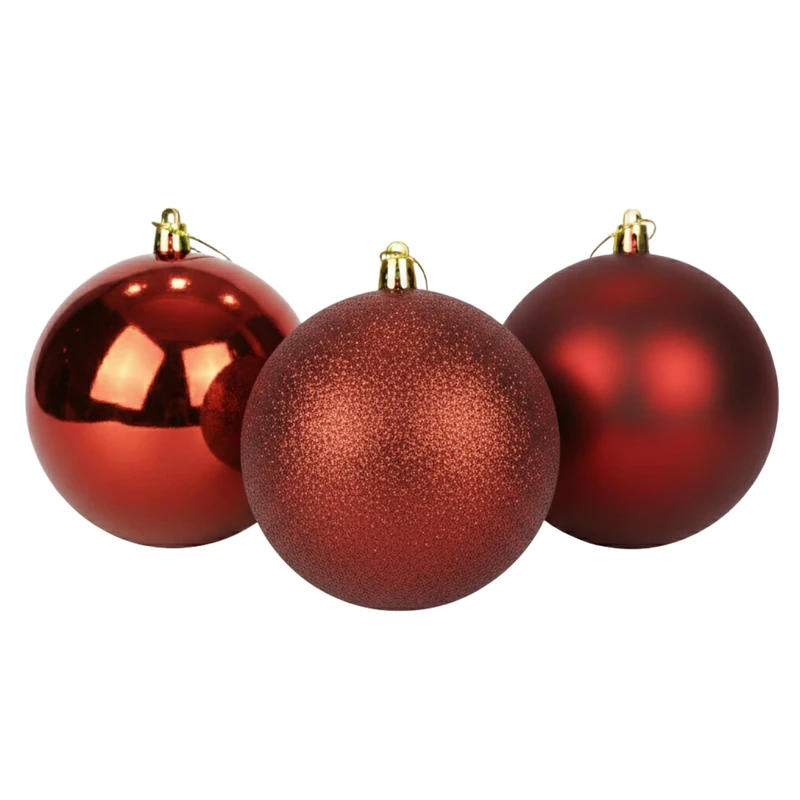 25cm/3Pcs Large Dark Red Baubles PVC Shatterproof Glossy, Matt, Glitter Finish Christmas Balls Ornaments Assorted Set- Festive Xmas Tree Hanging Decorations, Round Ornament for Holiday Home Decor