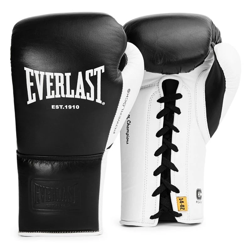 Everlast Powerlock OG Pro Fight 12oz Black/White Lace-Up Gloves for Bags & Competition, Advanced Foam, Ergonomic Grip - Authentic Everlast