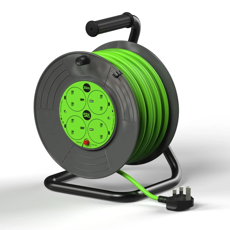 SLx Extension Lead 35m 4 Socket Open Cable Reel with Thermal Cut Out, Extra Long Heavy Duty Extension Cable for Garden, DIY and Workshop, 13A Fused UK Plug in Grey & Green