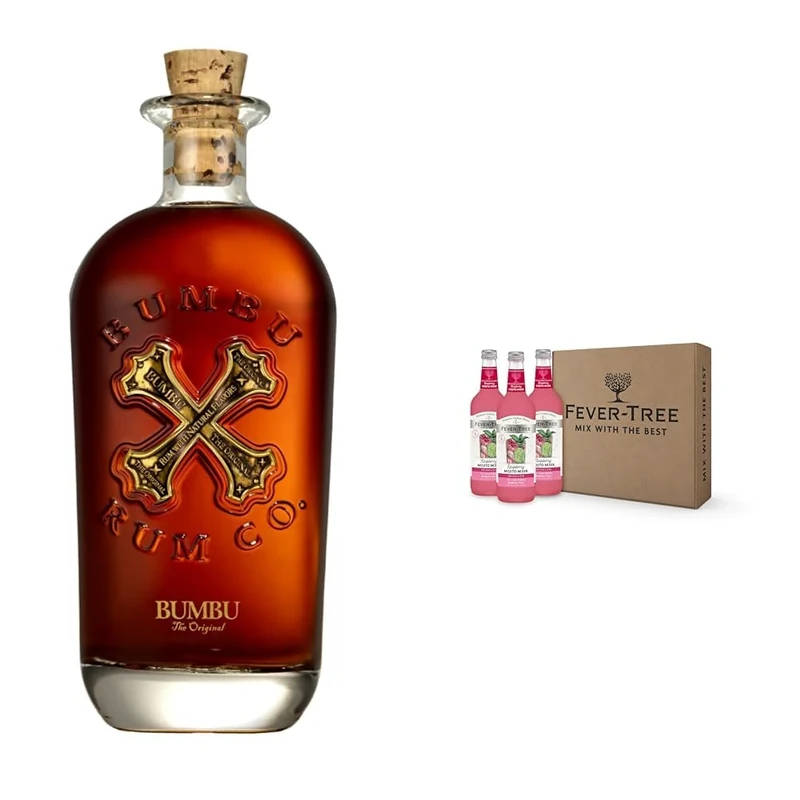 Bumbu Original Rum 70cl & Fever-Tree Raspberry Mojito Cocktail Mixer 500ml Bottles (Pack of 3)