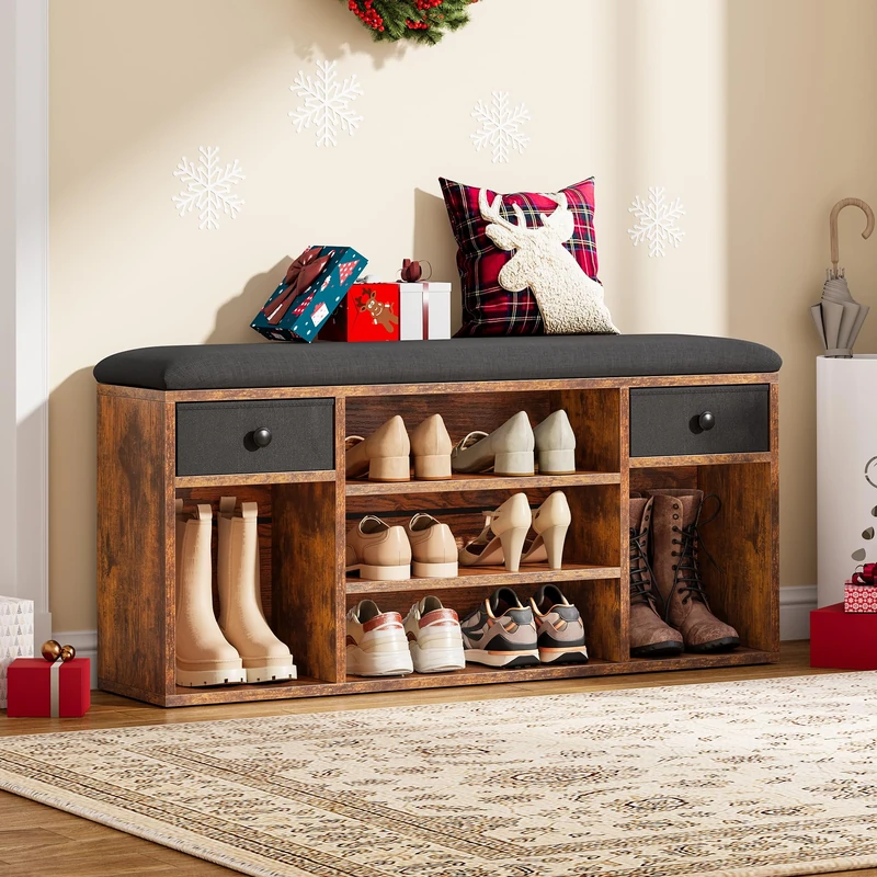 YITAHOME Shoe Bench, Storage Bench with Padded Seat, with Cushion, Shoe Storage Bench with 2 Drawer and Open Compartments, for Living Room, Hallway, Brown and Black