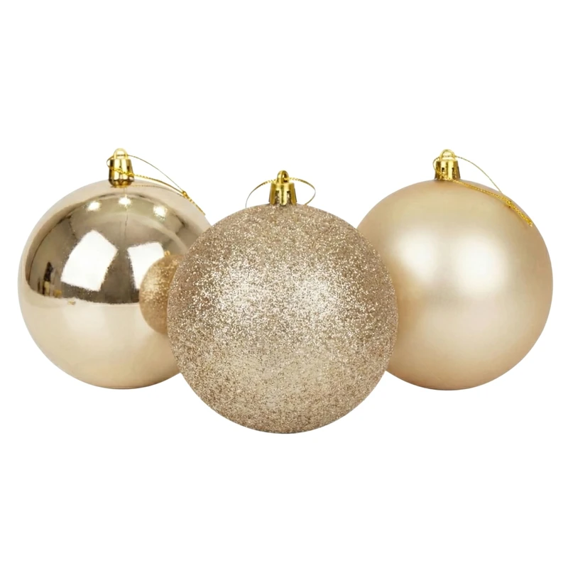 25cm/3Pcs Large Champagne Baubles PVC Shatterproof Glossy, Matt, Glitter Finish Christmas Balls Ornaments Assorted Set- Festive Xmas Tree Hanging Decorations, Round Ornament for Holiday Home Decor