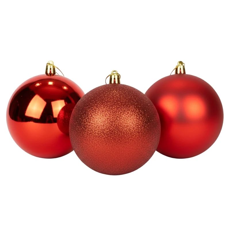 25cm/3Pcs Large Red Baubles PVC Shatterproof Glossy, Matt, Glitter Finish Christmas Balls Ornaments Assorted Set- Festive Xmas Tree Hanging Decorations, Round Ornament for Holiday Home Decor