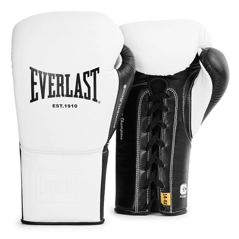 Everlast Powerlock OG Pro Fight 16oz White/Black Lace-Up Gloves for Bags & Competition, Advanced Foam, Ergonomic Grip - Authentic Everlast