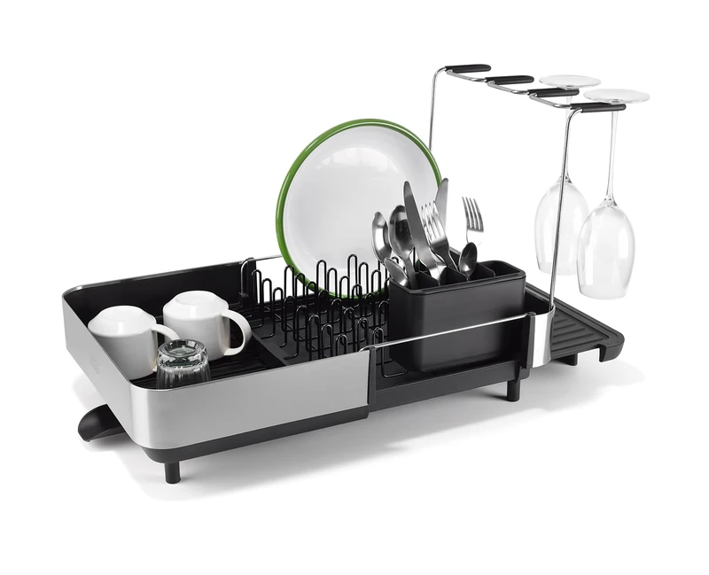 Joseph Joseph Extend Steel Plus Extendable Dish Rack Steel, Small to Large Dish Drainer with Wine Glass Holder & Drain Spout, Black
