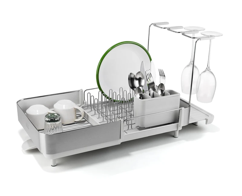 Joseph Joseph Extend Steel Plus Extendable Dish Rack Steel, Small to Large Dish Drainer with Wine Glass Holder & Drain Spout