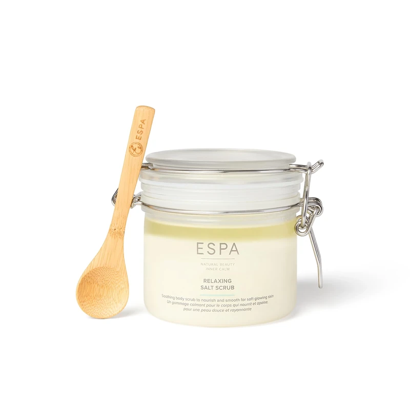 ESPA Relaxing Salt Scrub 500g | Body Scrub to Nourish, Hydrate and Sweep Away Dry, Dull Skin | Natural Sea Salts, Sweet Almond Oil, Bay & Lavender | With Bamboo Spoon