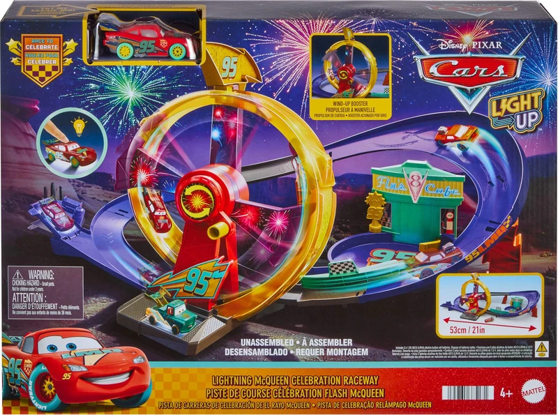 Mattel Disney and Pixar Cars Toy Track Set with Light-Up Lightning McQueen, Race to Celebrate Celebration Raceway Playset with Loop & Wind-Up Kicker, JMT57
