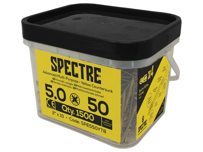 Forgefix Spectre™ PZ Compatible Wood Screw CSK ZYP 5.0 x 50mm Mega Tub 1500, feature a countersunk, pozidrive compatible, recessed head. Fully threaded, up to 50mm