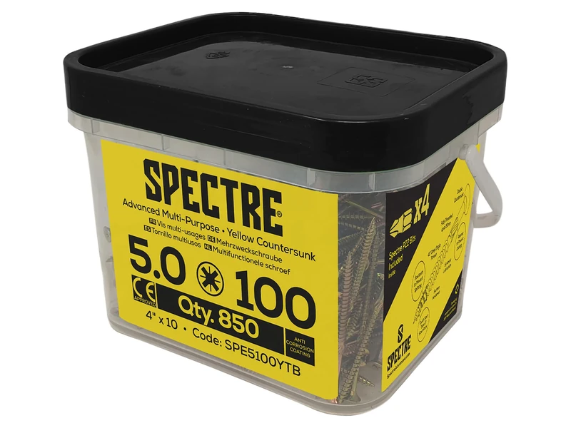 Forgefix Spectre™ PZ Compatible Wood Screw CSK ZYP 5.0 x 100mm Mega Tub 850, feature a countersunk, pozidrive compatible, recessed head. Fully threaded, up to 50mm