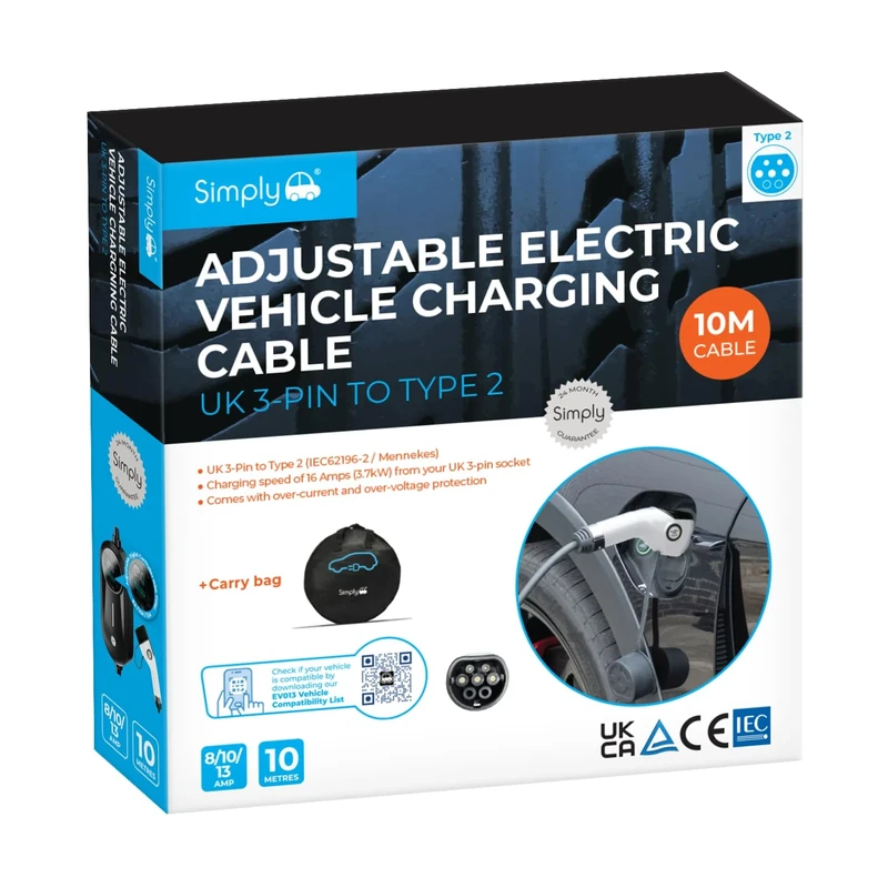 Simply EV013 (Updated 2025 Model) Premium Adjustable Amperage EV Fast-Charging Cable 3.1kW 8/10/13A – UK 3-Pin to Type 2, 10M – Durable & Flexible with Digital Controller + Carry Bag