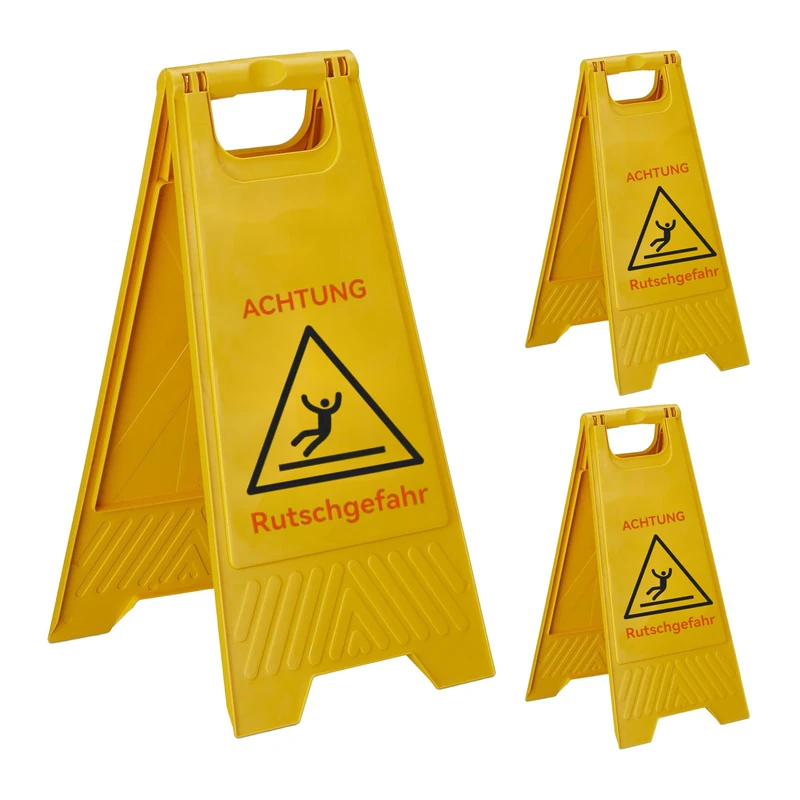 Relaxdays Slippery Floor Sign Set of 3, Foldable, Double-Sided, Plastic, 59x29x23 cm, Yellow