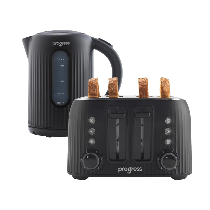 Progress Echo Kettle & Toaster Set – 1.7L 3000W Rapid Boil Kettle & 1600W 4-Slice Toaster, 6 Browning Levels, Defrost/Reheat/Cancel Functions, Removable Crumb Tray, Easy Pour, 360° Swivel Base