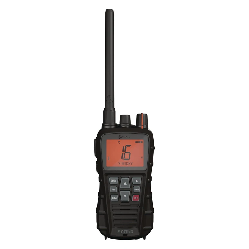 Cobra BlueBound 350 Handheld Floating VHF Marine Radio – 6 Watt, Float n' Flash, IPX7 Waterproof, Submersible, Day/Night LCD Display, Memory Scan, Tri-Watch, Black