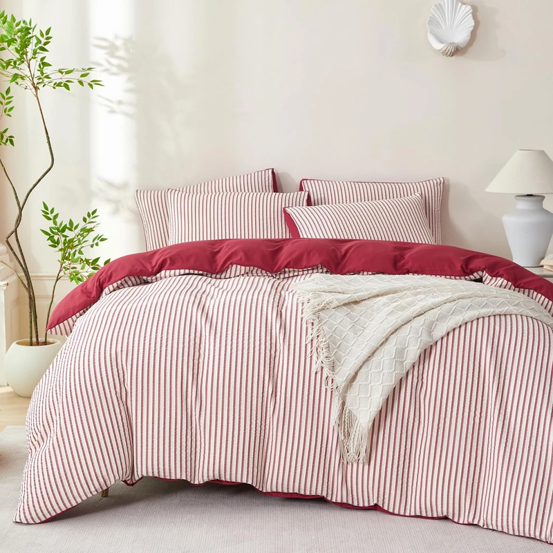 Striped Comforter Queen Brick Red Soft Luxury Washed Microfiber Jacquard 3 Pieces Bedding, White Brick Red Vertical Ticking Stripes Pattern Comforter with 2 Pillowcases Breathable Durable Comfy