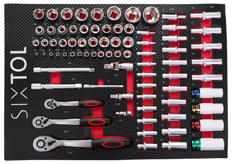 SIXTOL Mechanic Tool Tray 6 | Tool Module 80 Pieces | Ratchets, Sockets & Extensions | EVA Insert for Workshop Trolley