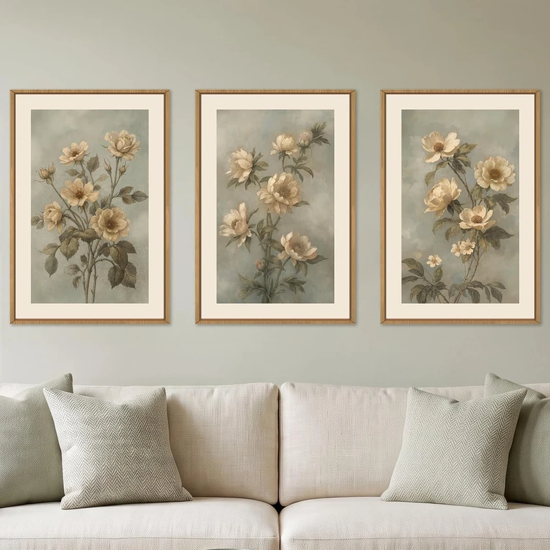 KAIRNE Vintage Moody Botanical Flower Framed Canvas Wall Art Set-24"x36"x3