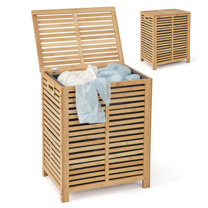 FANTASK 80L Laundry Hamper with Lid, Large Laundry Basket with Removable & Washable Fabric Bag, Bamboo Laundry Box for Bathroom, Bedroom, Living Room