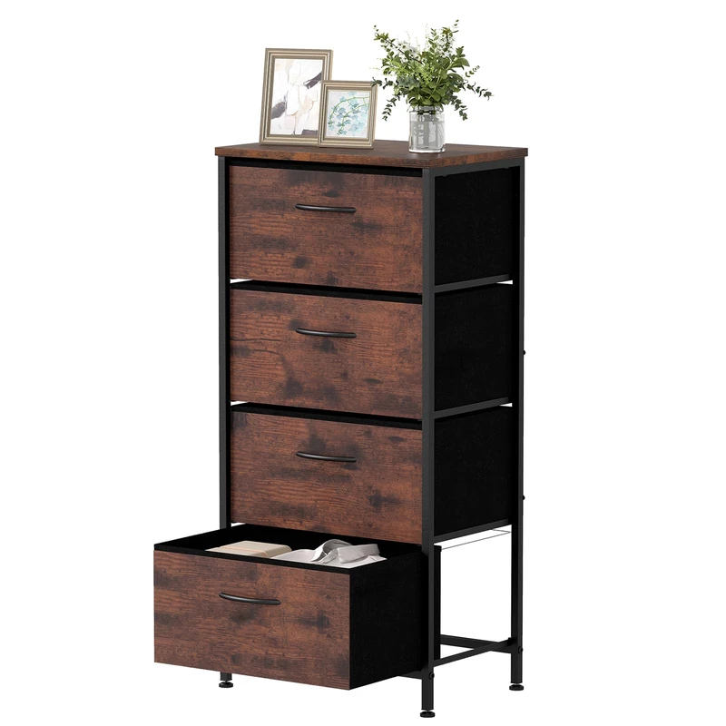 FANTASK Chest of Drawers Fabric Drawers Drawer Cabinet with Wooden Top Metal Frame Space Saving Sideboard Storage Cabinet 4 Compartments for Hallway Living Room 45 x 30 x 95 cm, Brown