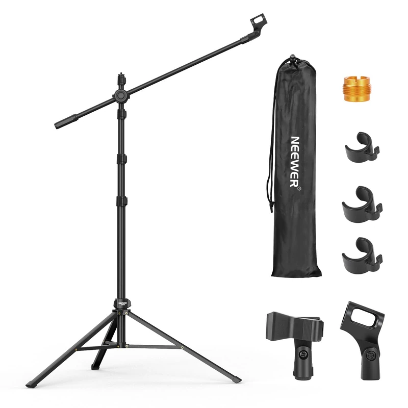 NEEWER Mic Stand Floor, Microphone Tripod with Boom Arm, Heavy Duty Adjustable Stand & Arm with 2 Mic Holder Clamps, 3 Cable Clips, Bag, 3/8" to 5/8" Adapter for Singing Podcast Recording, MS046