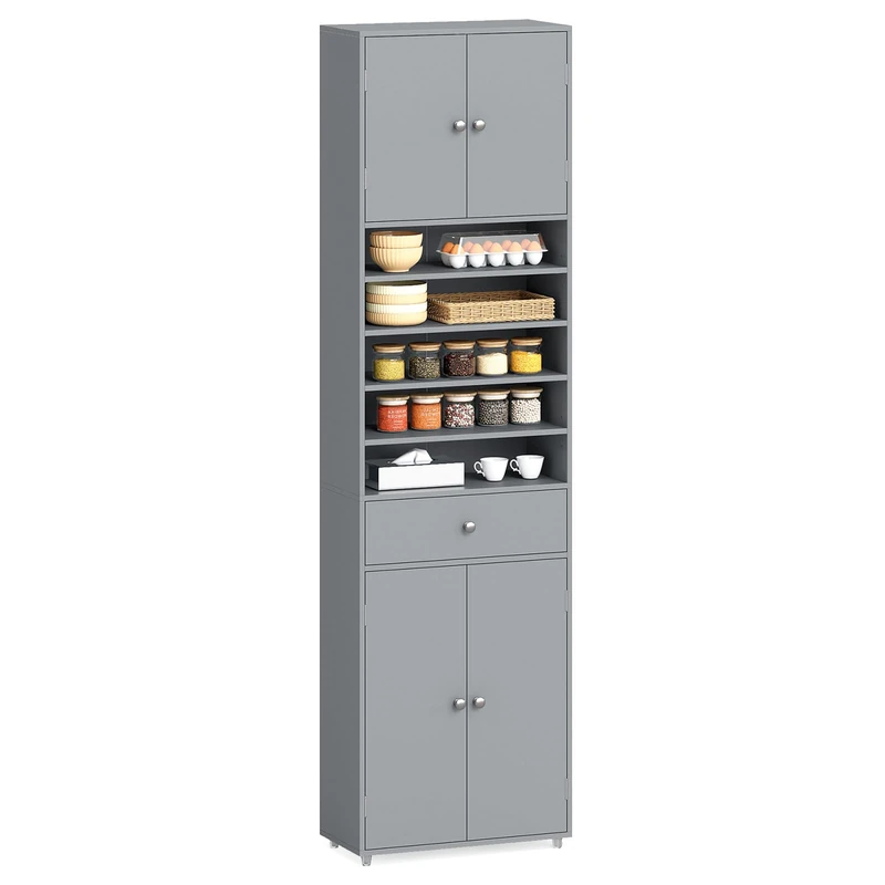 GiantexUK 180cm Tall Kitchen Cupboard, 4-Door Storage Cabinet with Drawer, Adjustable Shelves & Anti-tipping Device, Freestanding Pantry Sideboard Unit for Dining Living Room