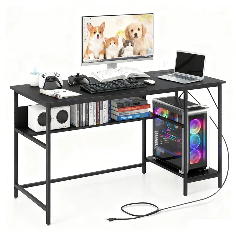 SFAREST 140cm Computer Desk with Power Outlets, Gaming Desk with Storage Shelves, CPU Stand, 4 Power Outlets & 2 USB Ports, Home Office PC Writing Workstation and Study Table