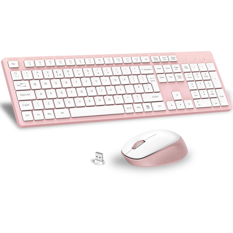 LeadsaiL Wireless Keyboard and Mouse Set, 2.4GHz USB Computer Keyboards and Mouse Combo, Soft Touch, Full Size UK QWERTY Layout with 12 Multimedia Shortcuts for HP/Lenovo Laptop and Mac-Pink and White - Image 1