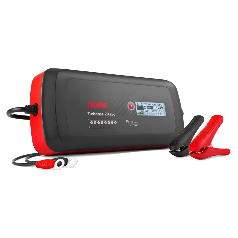 Telwin T-Charge 20 EVO 12V/24V Multi-Function Charger, Charge Maintainer and Tester with LCD Display for Car and Vehicle Batteries with Pulse Tronic Technology, 100-240V - Image 1