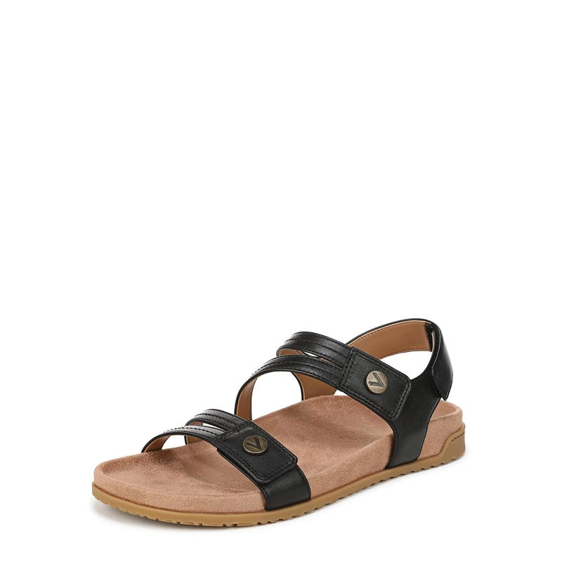 Vionic Women's Essie Flat Sandals, Black Leather, Wide Fit, UK 4