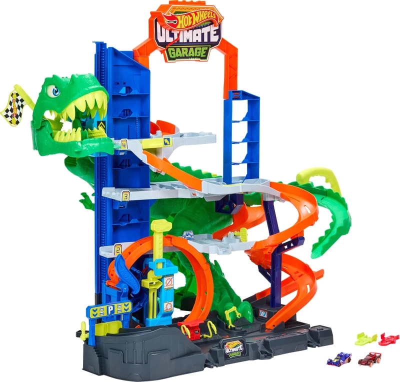 Hot Wheels City Ultimate T-Rex Garage & 2 Die-Cast Toy Cars