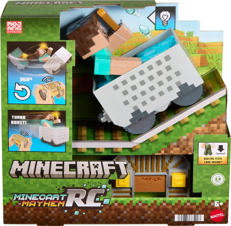Mattel Minecraft Minecart RC with Steve, Remove Control with Wheelie Stunt, Turbo Boost & Light-Up Torch, Digital Item Code & Pixelated Design, JMT40