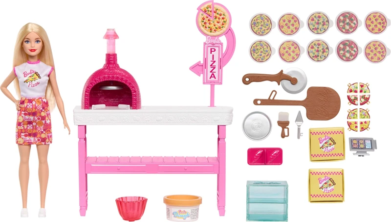 Barbie Pizza Shop Playset with Blonde Doll & 25 Accessories Including Dough, Pizza Toppings, and more, JMK21
