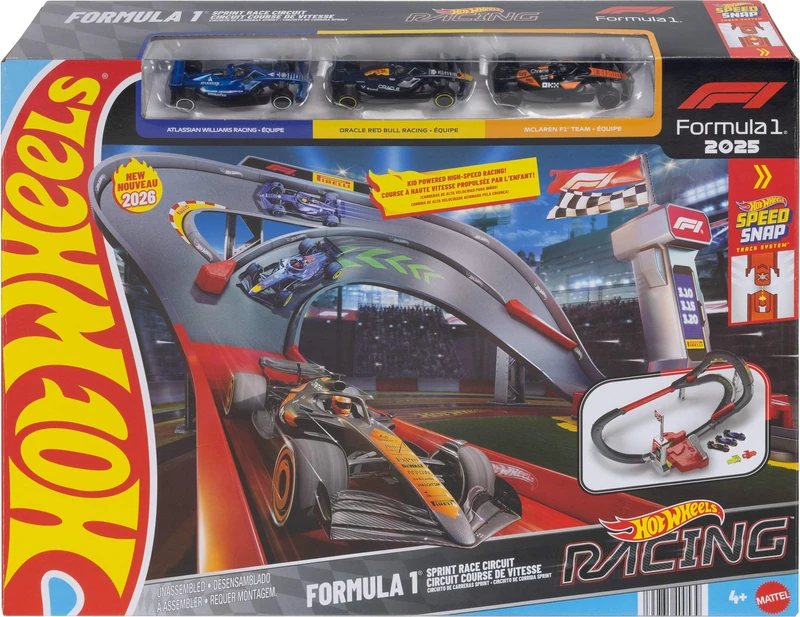 Hot Wheels Track Set & 1:64 Scale McLaren Formula 1 Team, Oracle Red Bull Racing & Atlassian Williams Racing Toy Cars, Sprint Race Circuit, JNN32