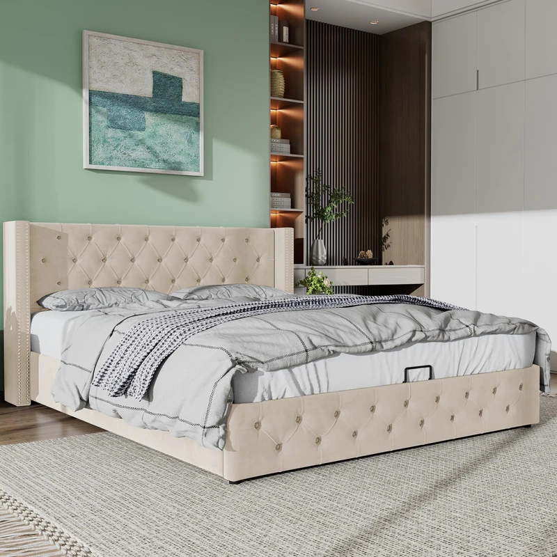 Ball & Cast King Size Bed 5ft Upholstered Bed Ottoman Frame 150x200 cm with Hydraulic Storage, Double Bed with Rivet Decoration Headboard, Metal Bedframe with Wooden Slats, No Mattress, Beige