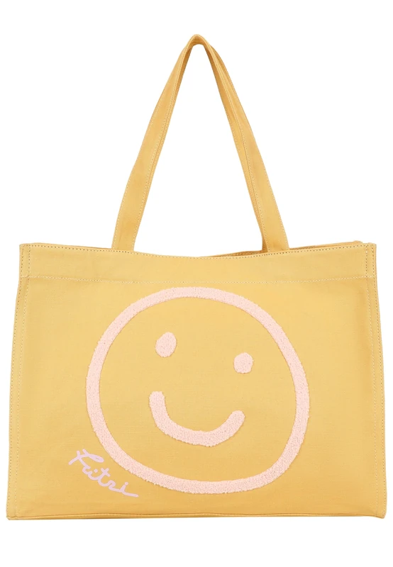 Fritzi Easy01 Limited Smile Shopper Canvas Women's Handbag Festival City Vegan Cotton Mix Flocked Smile 34 x 46.5 x 23 cm - Green, Beige, Yellow, yellow, 34 x 46,5 x 23 cm