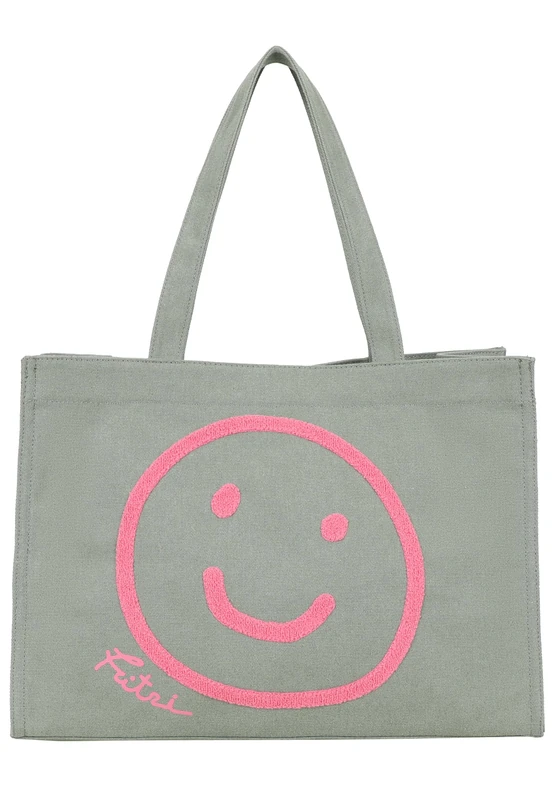 Fritzi Easy01 Limited Smile Shopper Canvas Women's Handbag Festival City Vegan Cotton Mix Flocked Smile 34 x 46.5 x 23 cm - Green, Beige, Yellow, Green, 34 x 46,5 x 23 cm