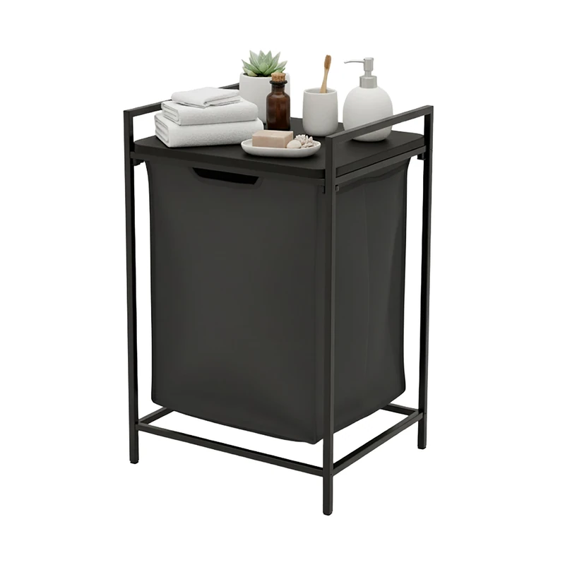 Relaxdays Laundry Bin with Shelf, 65L Removable Liner, Portable, Black, 72x50x33 cm