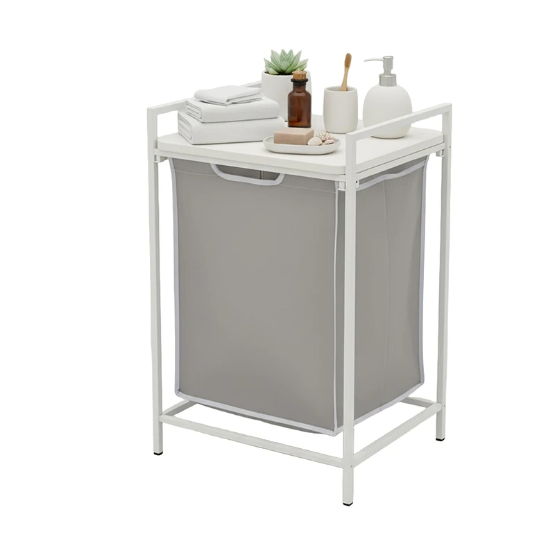 Relaxdays Laundry Bin with Shelf, 65L Removable Bag, 72x50x33cm, White/Grey