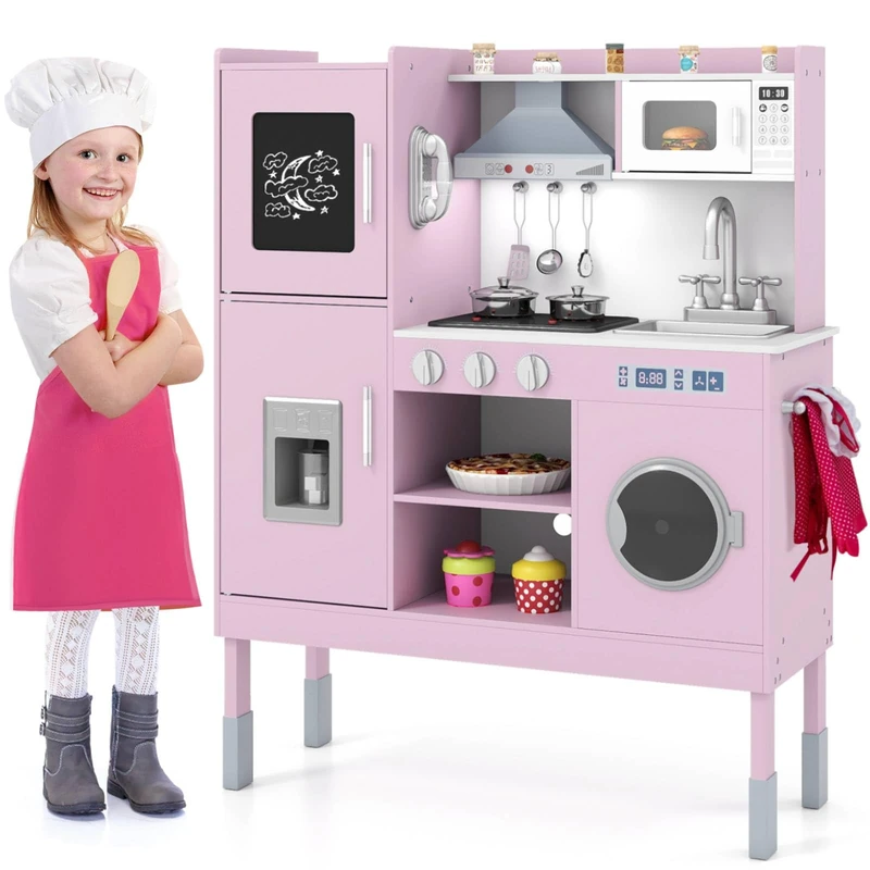GYMAX Kids Play Kitchen, Height Adjustable Wooden Toy Kitchen (Pink)