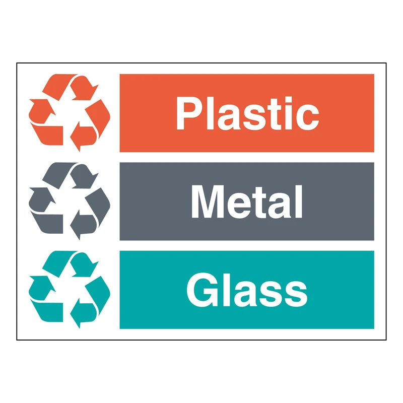 Glass/Metal/Plastic - Recycling Symbol - Landscape 600 x 450 mm - Glow In The Dark Self Adhesive Vinyl