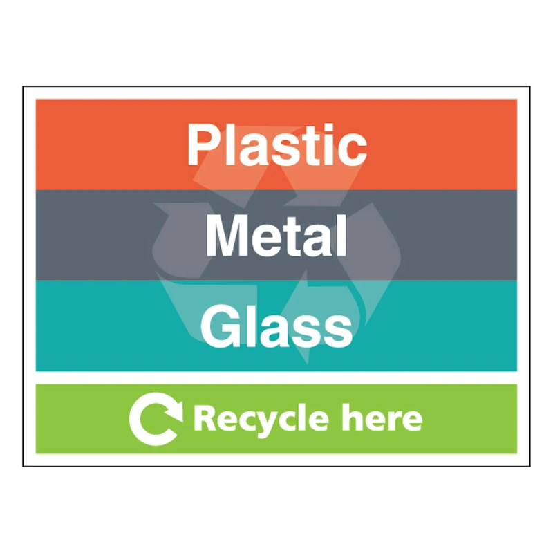 Plastic/Metal/Glass - Recycle Here - Landscape 600 x 450 mm - Glow In The Dark Self Adhesive Vinyl