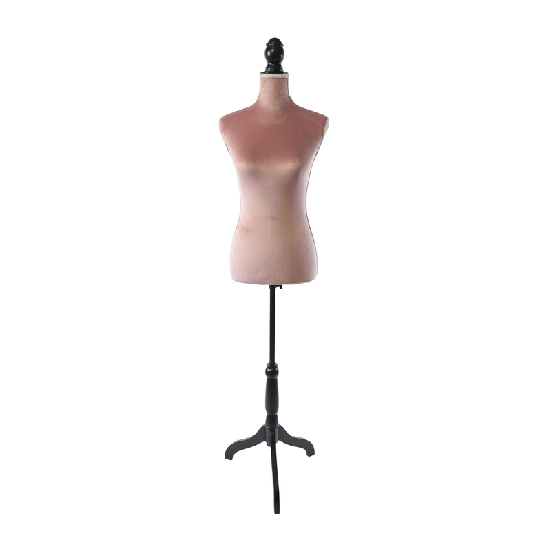 Relaxdays dress form, size 36/38, adjustable 130–167 cm, velvet, wooden stand, dusky pink and black