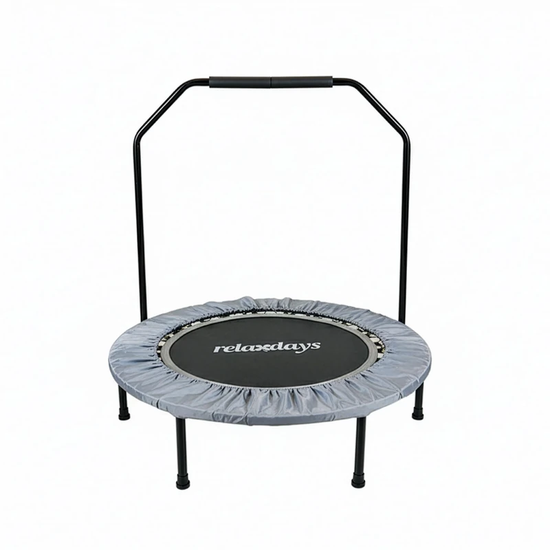 Relaxdays foldable mini trampoline with handrail, Ø 102 cm, supports 120 kg, indoor fitness, grey, 113 x 102 x 102 cm