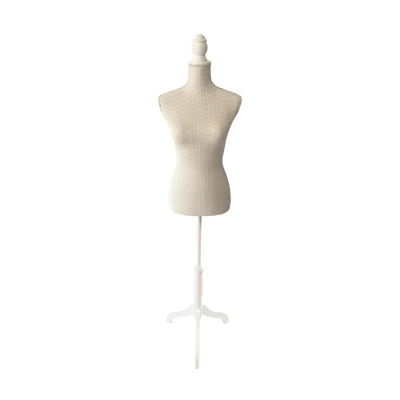 Relaxdays Adjustable Dress Form, Women's 36/38, Lace-Covered, Wooden Stand, 130–167 cm, Beige/White