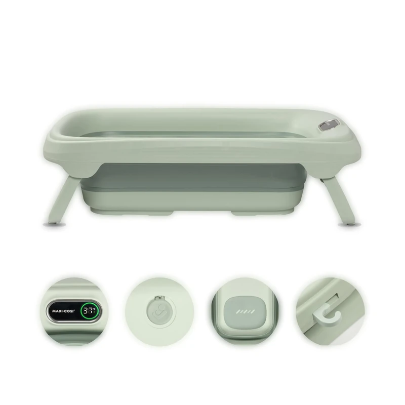 Maxi-COSI Indigo Foldable Baby Bath Tub, 0-4 Years, Spacious Toddler Bath Tub, Integrated HighSense Thermometer, Anti-Slip, Retractable Hanging Hook, Flat Fold, Sage Green