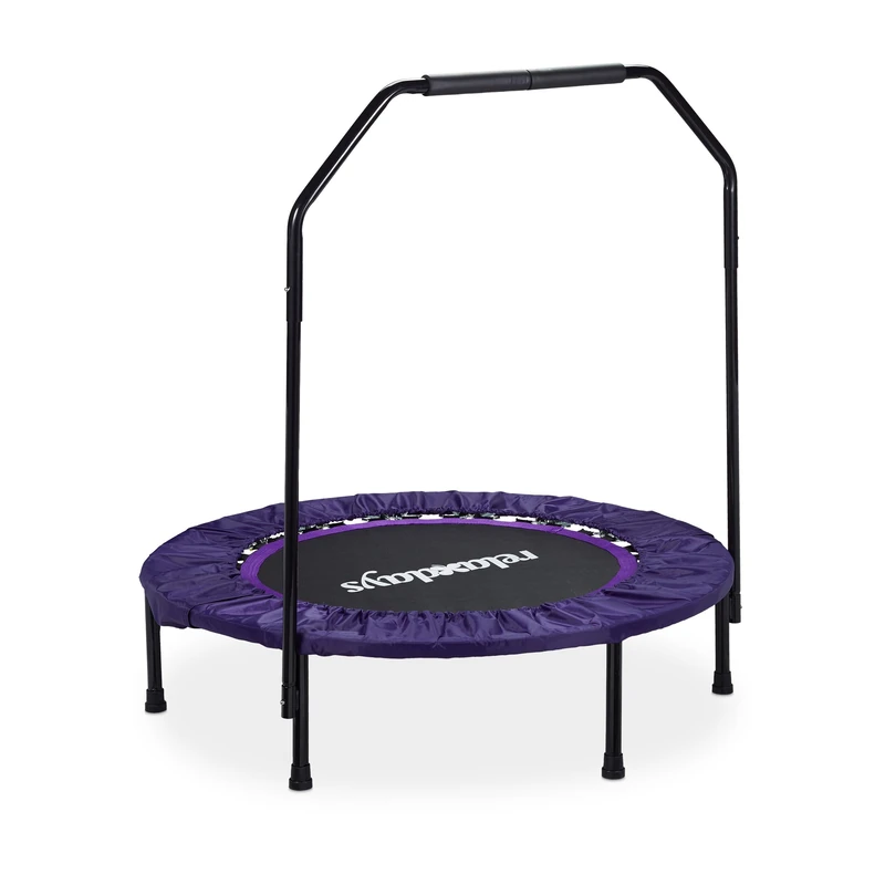 Relaxdays Mini Trampoline with Support Bar, Folding, 102 cm Diameter, Indoor Use, Purple, Supports up to 120 kg