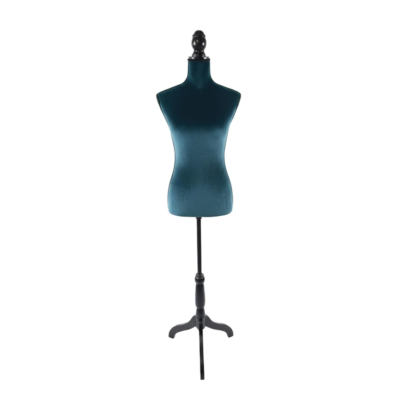 Relaxdays Female Dress Form, Adjustable Velvet Stand 130–167 cm, Wooden Base, Petrol/Black, 167 x 41 x 34 cm