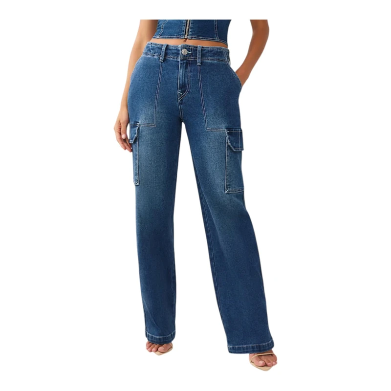 True Religion Women's Denim Cargo Single Needle Straight, Blue, 26