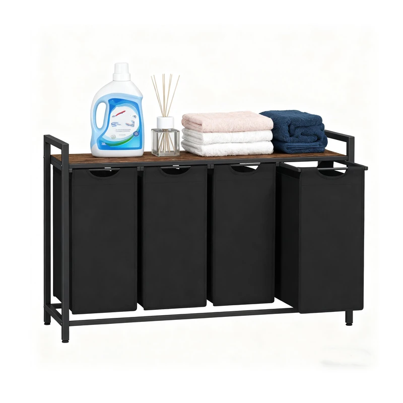 Relaxdays Laundry Organizer with 4 Removable Bags & Shelf, 72x116x33 cm, Black-Brown