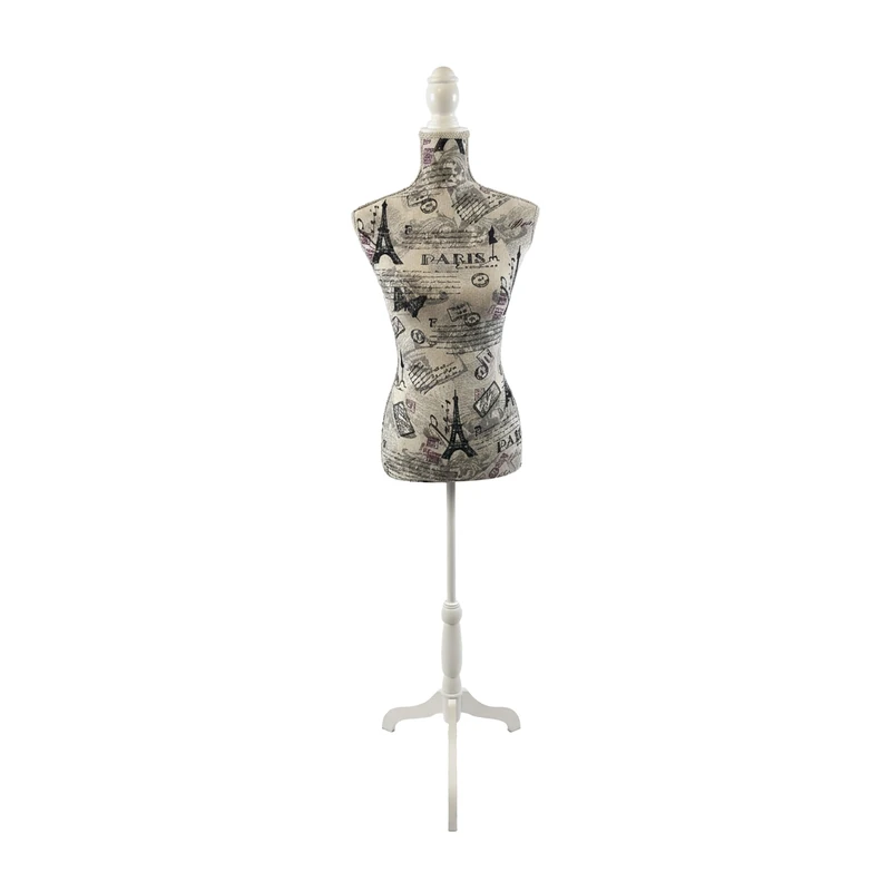 Relaxdays Women's Dress Form, Height-Adjustable 130–167 cm, Paris Print, Wooden Stand, Colourful, 167x41x34 cm